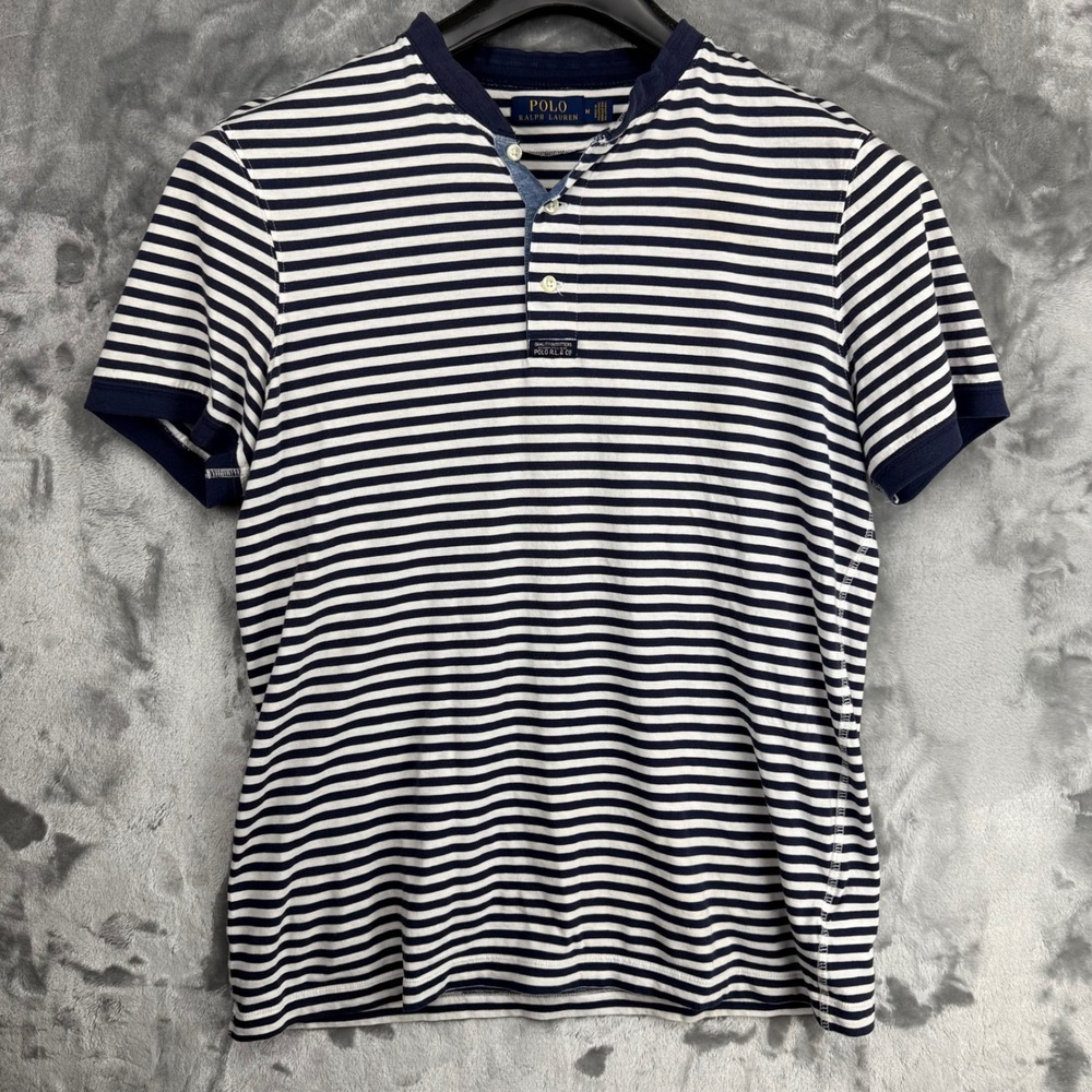 Polo Ralph Lauren Mens Medium Striped Henley Shirt Navy Blue White Cotton